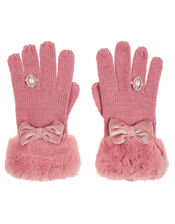 Bow Diamond Ring Knit Gloves, Pink (PINK), large