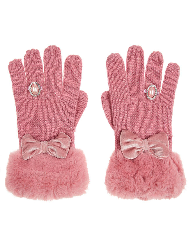 Bow Diamond Ring Knit Gloves, Pink (PINK), large