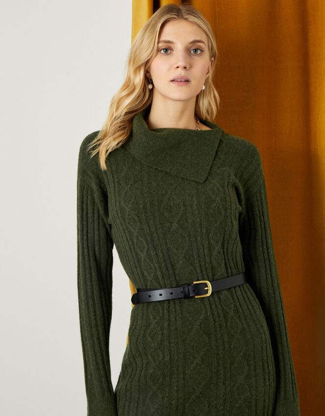Split Neck Dress, Green (KHAKI), large