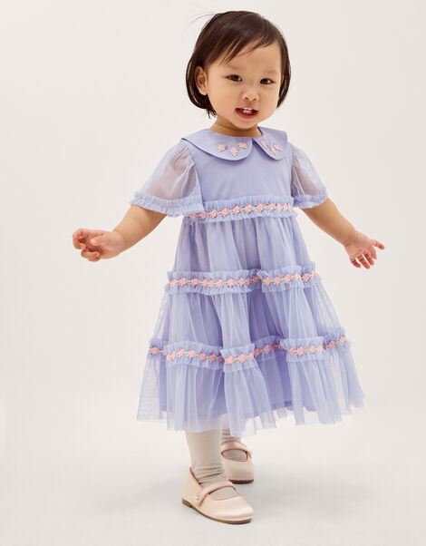 Baby Floral Embroidered Tulle Dress, Blue (BLUE), large