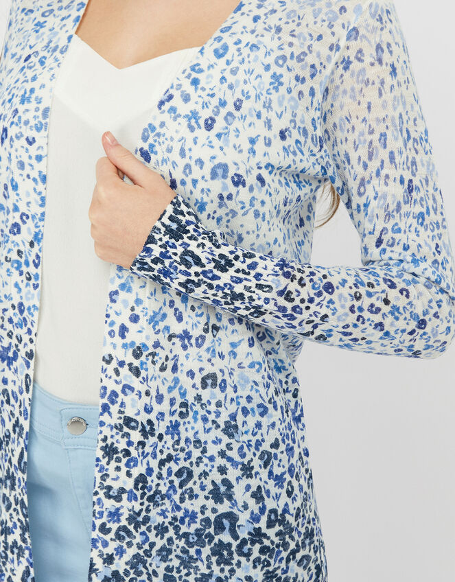 Poppy Floral Longline Cardigan in Linen Blend, Blue (BLUE), large