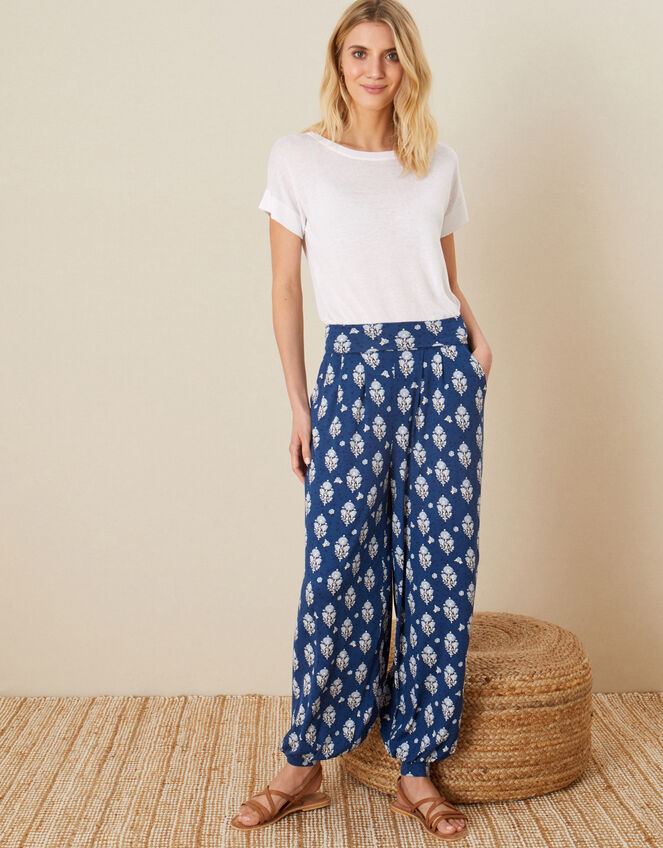 Woodblock Print Hareem Trousers, Blue (NAVY), large