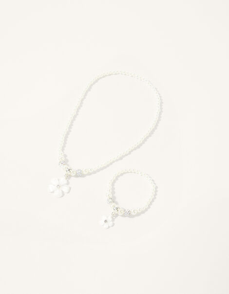 Jewel Flower Pearl Necklace and Bracelet Set, , large