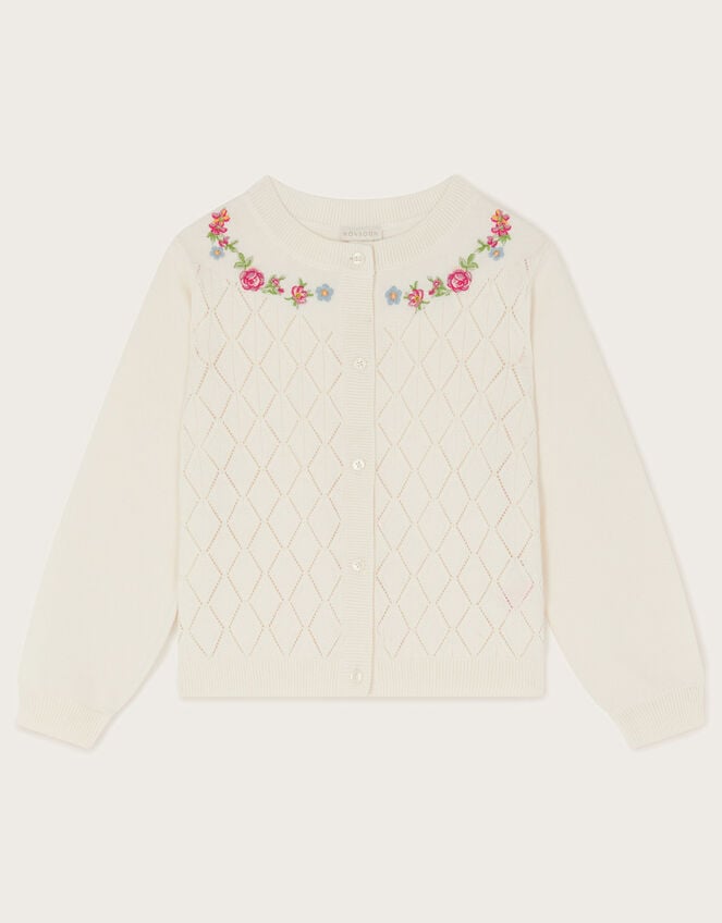 Floral Embroidered Pointelle Cardigan, Ivory (IVORY), large