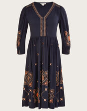 Embellished Puff Sleeve Midi Jersey Dress, Blue (NAVY), large