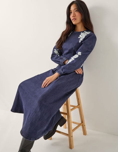 Eileen Embroidered Denim Midi Dress, Blue (INDIGO), large