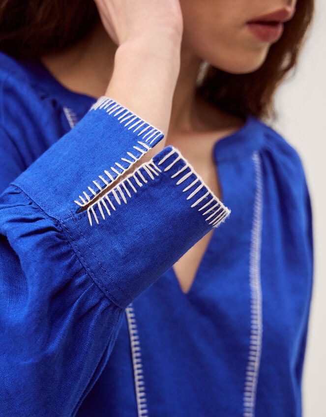 Frida V-Neck Linen Blouse, Blue (COBALT), large