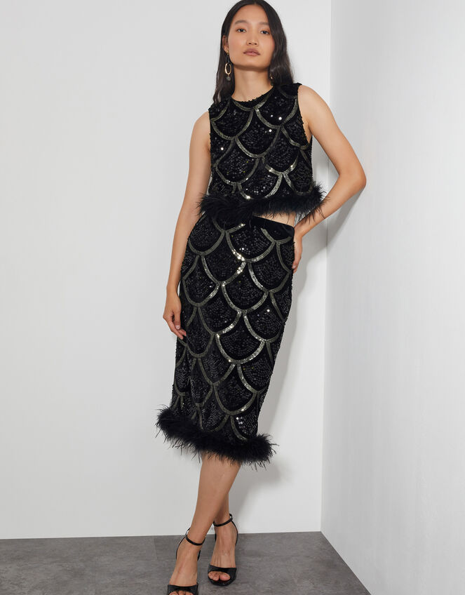 Sira Sleeveless Sequin Feather Top, Black (BLACK), large