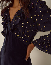 Stevie V-Neck Foil Polka Dot Velvet Midi Dress, Blue (MIDNIGHT), large
