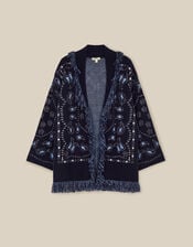 Payton Paisley Fringe Cardigan, Blue (NAVY), large