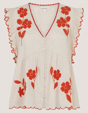 Rhea Embroidered Linen Blend Top, Natural (NATURAL), large