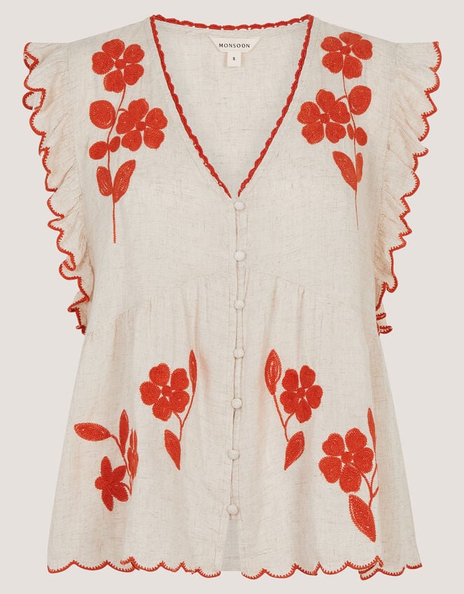 Rhea Embroidered Linen Blend Top, Natural (NATURAL), large