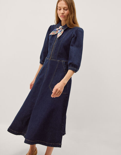 Erin Zip Denim Midi Dress, Blue (INDIGO), large