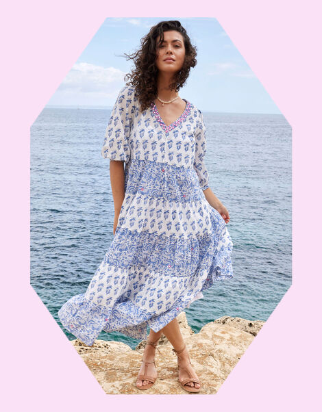 East Aoki Block Print Maxi Dress, Blue (BLUE), large
