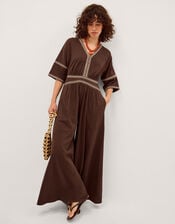 Taryn Embroidered Jersey Jumpsuit, Brown (BROWN), large
