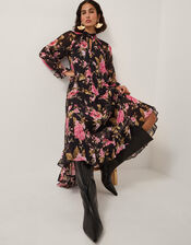 Mariel Floral Print Trapeze Midi Dress, Black (BLACK), large