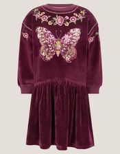 Butterfly Embellished Velour Dress, Red (BURGUNDY), large
