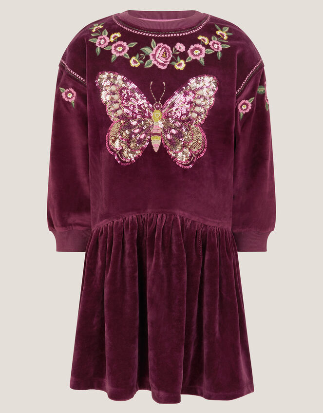 Butterfly Embellished Velour Dress, Red (BURGUNDY), large
