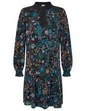 Floral Print Short Dress, Black (BLACK), large