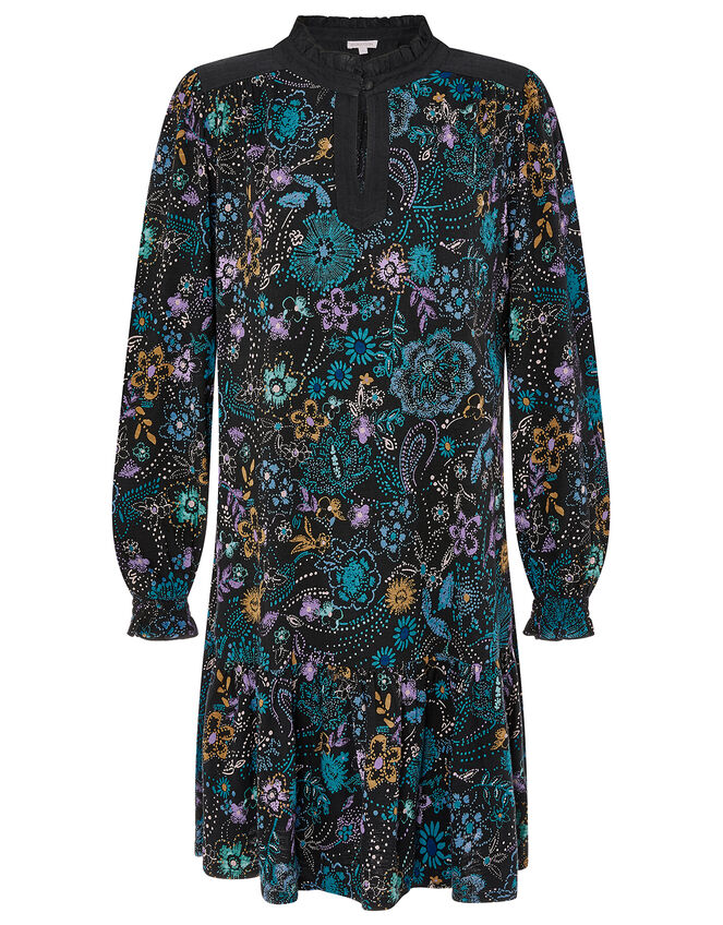 Floral Print Short Dress, Black (BLACK), large