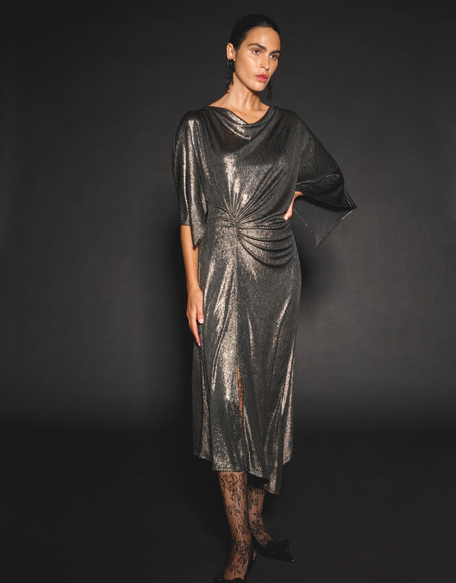 Mila Drape Metallic Jersey Midi Dress, Gold (GOLD), large