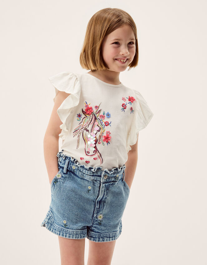 Daisy Embroidered Denim Shorts, Blue (BLUE), large