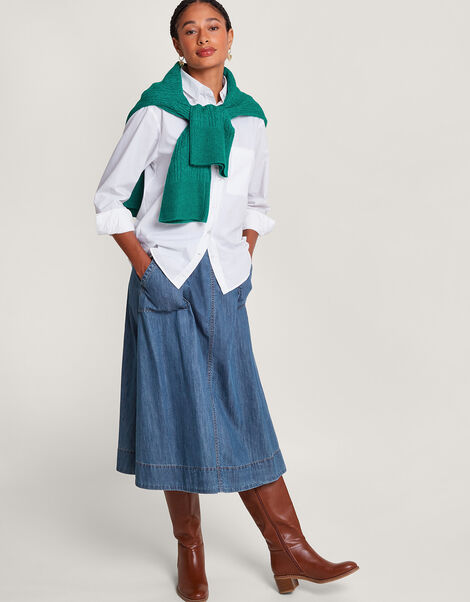 Pull On Denim Midi Skirt in Sustainable Cotton Blue, Blue (DENIM BLUE), large