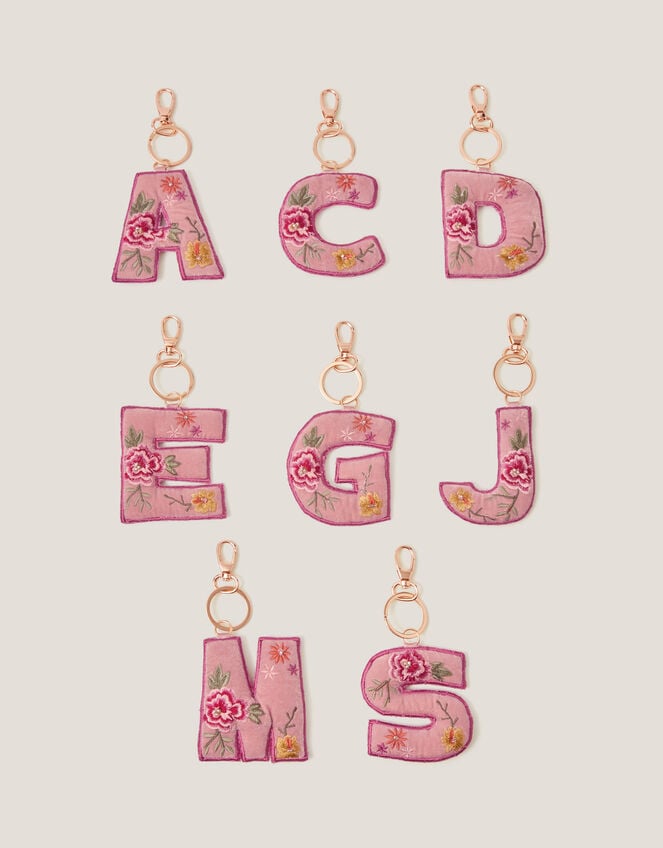 Floral Embroidered Initial Keyring, Pink (PINK), large