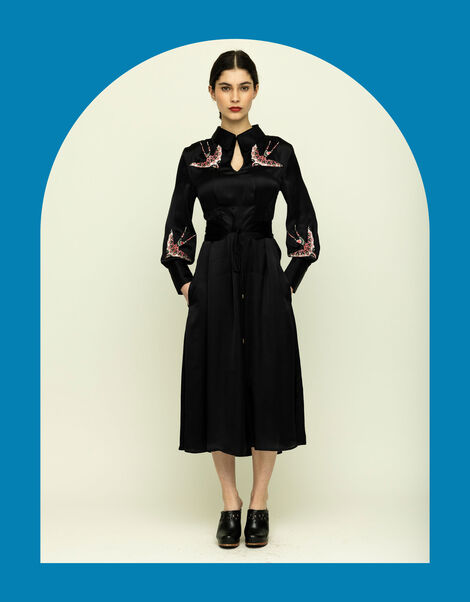 Tallulah & Hope Tamsin Bird Embroidered Midi Dress, Black (BLACK), large