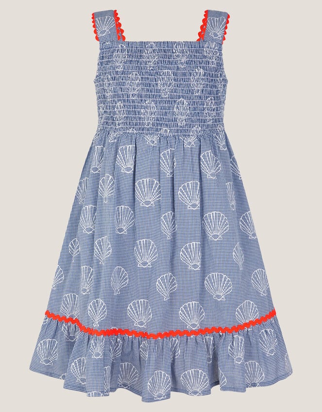 Shell Print Gingham Dress, Blue (BLUE), large