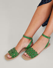 Cutwork Leather Sandals, Green (GREEN), large