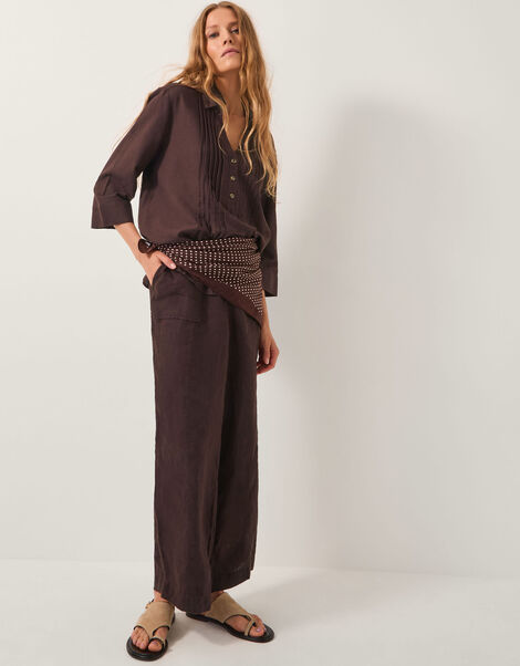 Jolie Straight Linen Trousers, Brown (CHOCOLATE), large