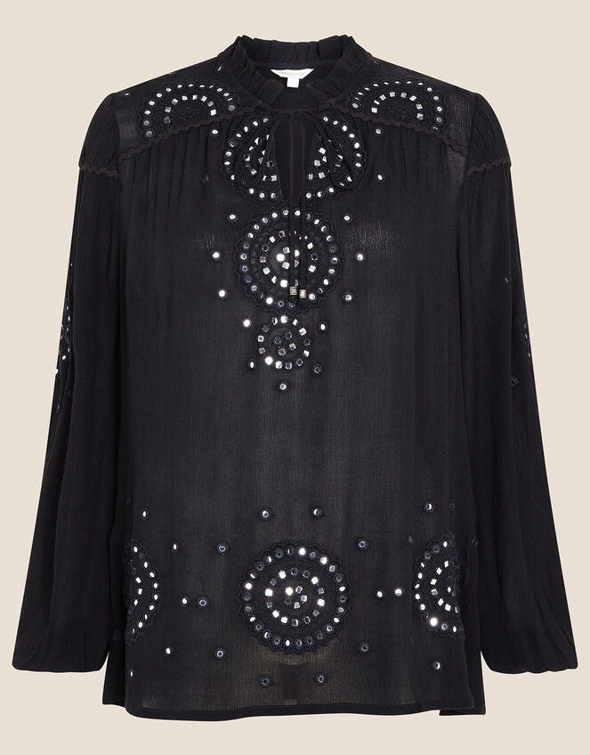 Mirrorwork Blouse in LENZING™ ECOVERO™, Black (BLACK), large