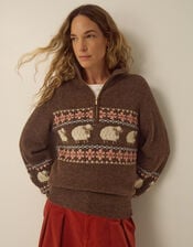 Shona Half Zip Sheep Jumper, Brown (CHOCOLATE), large