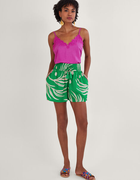 Palm Print Crochet Trim Shorts in LENZING™ ECOVERO™ Green, Green (GREEN), large