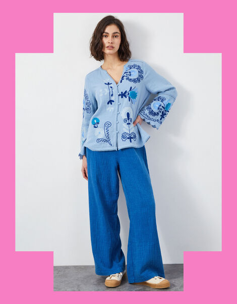 East Aurina Long Sleeve Embroidered Blouse, Blue (BLUE), large