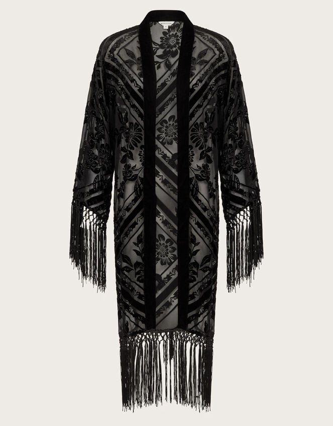 Darcy Fringe Floral Devore Kimono, Black (BLACK), large