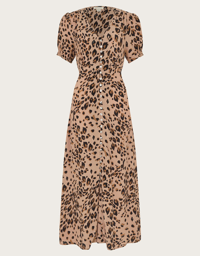 Raife Midi Leopard Print Tea Dress, Natural (NATURAL), large
