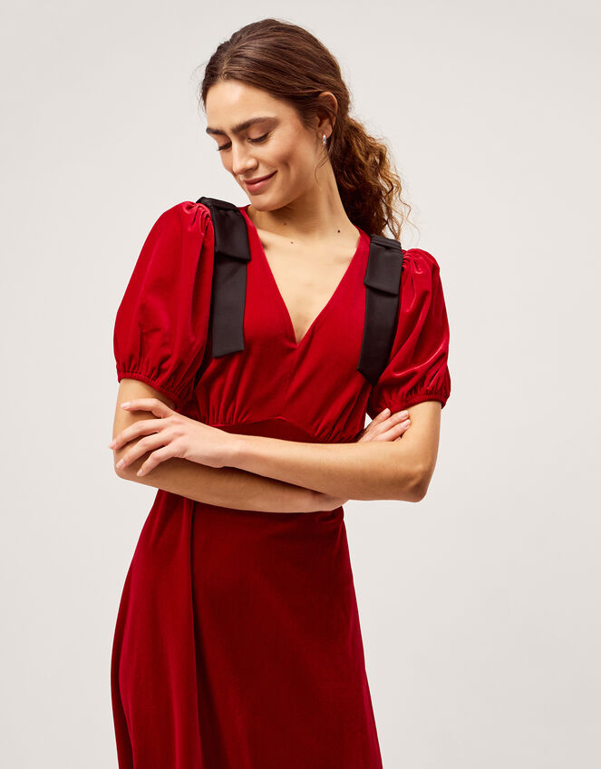 Betty Bow Velvet Midi Dress, Red (RED), large