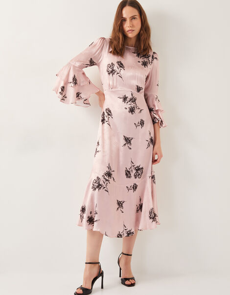 Pelia Floral Satin Ruffle Midi Dress, Pink (PINK), large
