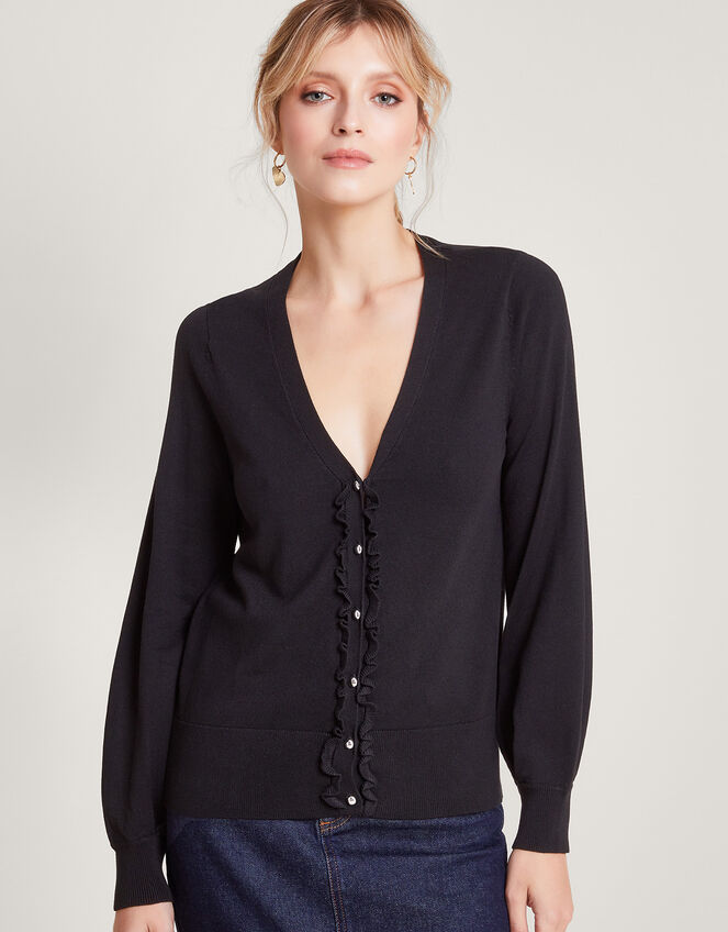 Pleated Trim Cardigan with LENZING™ ECOVERO™ , Black (BLACK), large