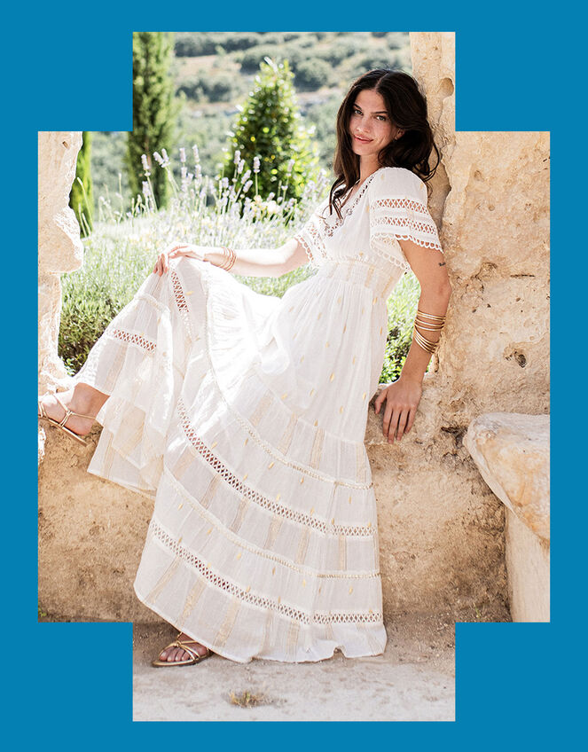 Piti Cuiti Embellished Short Sleeve Maxi Dress, White (WHITE), large