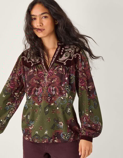 Jemima Paisley Print Jersey Top, Green (GREEN), large