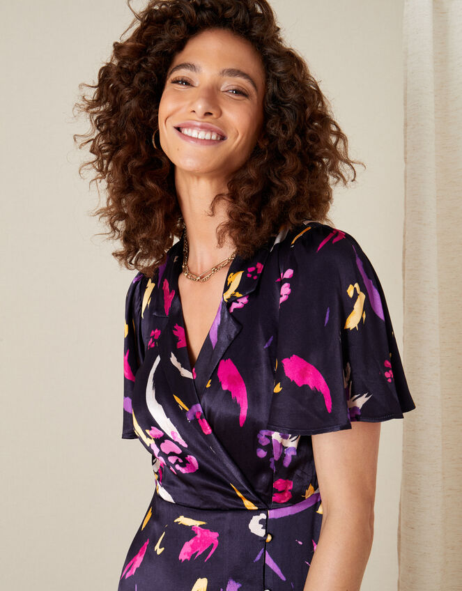 Sapphire Printed Satin Tea Dress, Blue (NAVY), large