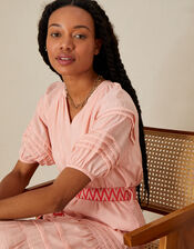 Short Sleeve Plain Dress with Embroidered Belt, Orange (PEACH), large