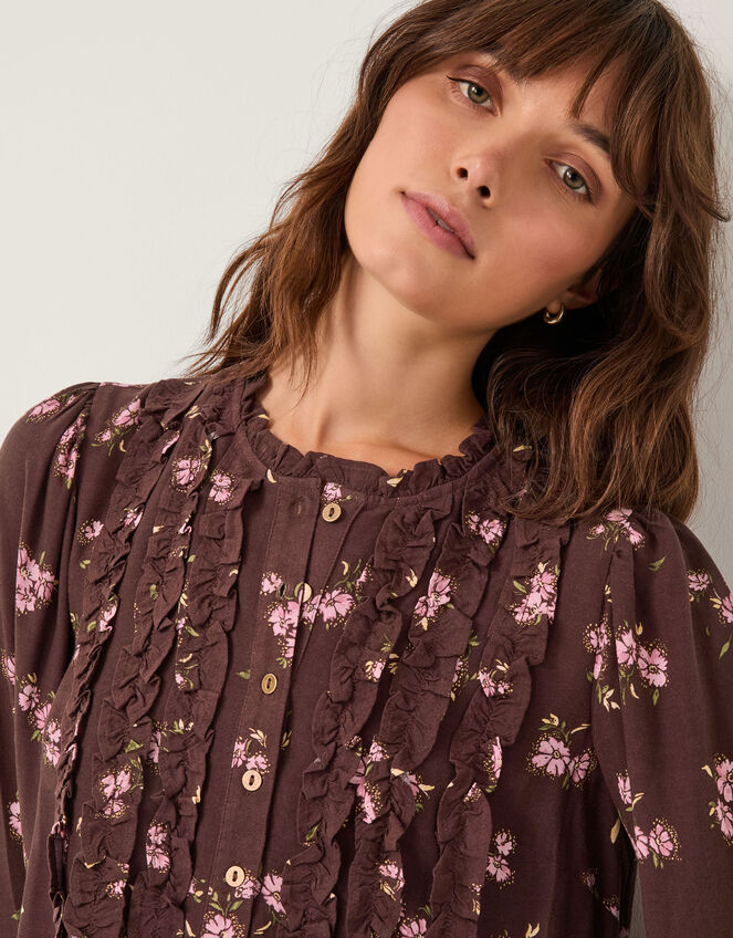 Hanya Floral Print Ruffle Blouse, Brown (BROWN), large