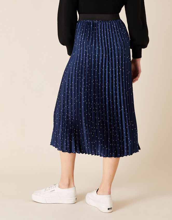 Polly Pin Spot Satin Midi Skirt, Blue (NAVY), large
