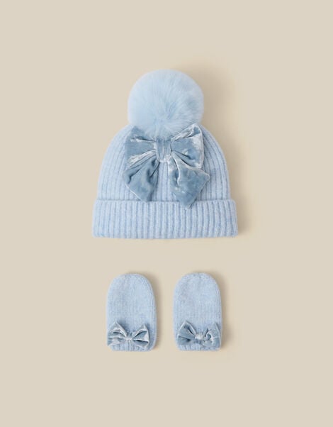 Baby Bow Beanie Hat & Mittens Set, Blue (BLUE), large