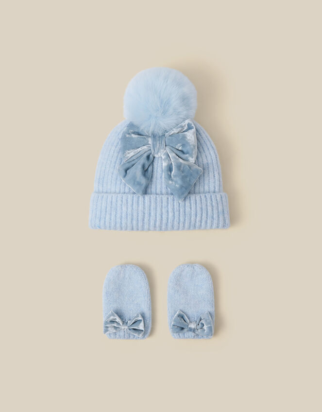 Baby Bow Beanie Hat & Mittens Set, Blue (BLUE), large