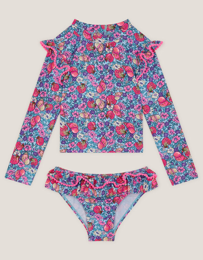 Floral Shell Print UPF50+ Long Sleeve Swim Set, Blue (BLUE), large